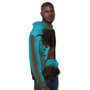 Side Manet Suzette brown-blue hoodie showing cyan profile print and brown sleeve stripe.