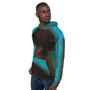 Three-quarter Manet Mademoiselle Suzette hoodie: turquoise body, dark brown portrait, jeans.