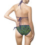 Rear Abstract Blue in Green string bikini: solid navy top ties and neon green-blue bottoms.
