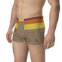 Front Abstract Birds and Sand boxers: burgundy-orange-yellow waist stripes over tan bird flecks.
