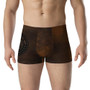 Front Da Vinci boxer briefs: weathered brown wood print with black Pop Art Design seal on hip.