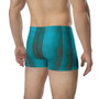 Rear Abstract Brown Blue boxers in teal with copper-brown abstract vertical stripe design.