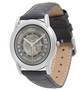 Three-quarter Da Vinci Vitruvian Man silver watch on black croc-embossed leather strap.