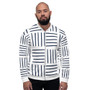 White & Navy Blue Sacred Geometry Bomber Jacket by Neoclassical Pop Art