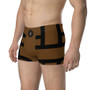 Three-quarter Sacred Geometry Vitruvian Man brown boxers with black geometric lines and crest.
