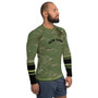Three-quarter NY Men's Rash Guard: olive distressed green with NEW YORK chest text and black cuffs.