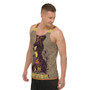 Front Rembrandt unisex tank: tan body, mosaic female portrait, yellow WINNER text, striped straps.