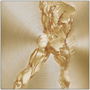 Square Rubens Anatomical Male Figure brass print: cropped rear torso-thighs on concentric gold brush grain.