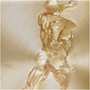 Square Rubens Anatomical Male Nude brass metal: dynamic rear reach pose on concentric gold brush grain.