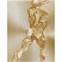 Square Rubens Anatomical Male Figure brass art: rear athlete mid-throw pose on shimmering gold spun metal.