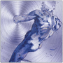 Michelangelo Purple Man metal print: navy etched lunging male on circular brushed silver aluminum.