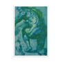 White-framed tall Rubens print: teal emerald crouching male anatomy in slim vertical white frame.
