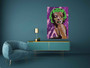 Monroe purple-green canvas lifestyle: neon-green Marilyn on teal wall with modern lounge seating.