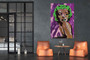 Monroe purple-green lifestyle: neon-green Marilyn over cognac chairs beside industrial glass partition.
