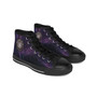 Purple men’s high-top canvas sneakers with a round artwork patch