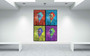Four-panel Shadow self-portrait artwork in vivid blue, red, yellow, purple and green, displayed above a white console in a bright room.