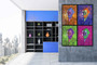 Four-panel Shadow self-portrait artwork in orange, purple, magenta and green, displayed above a white console in a modern room.