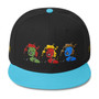 Black high-profile snapback hat with a turquoise brim and multicolor portrait graphic.
