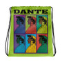 Green, yellow, orange, pink, and light-blue Botticelli Dante drawstring bag with da Vinci Vitruvian Man artwork