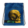 Light-blue, yellow, and green drawstring bag with da Vinci skull and Vitruvian Man artwork