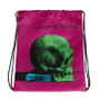 Light-blue, pink, and green drawstring bag with da Vinci skull artwork