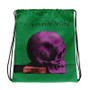 Green, purple, and red drawstring bag with da Vinci skull artwork