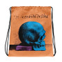 Peach, purple, and blue drawstring bag with da Vinci skull artwork