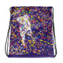 Blue drawstring bag with Van Gogh self-portrait skull and da Vinci Vitruvian Man artwork