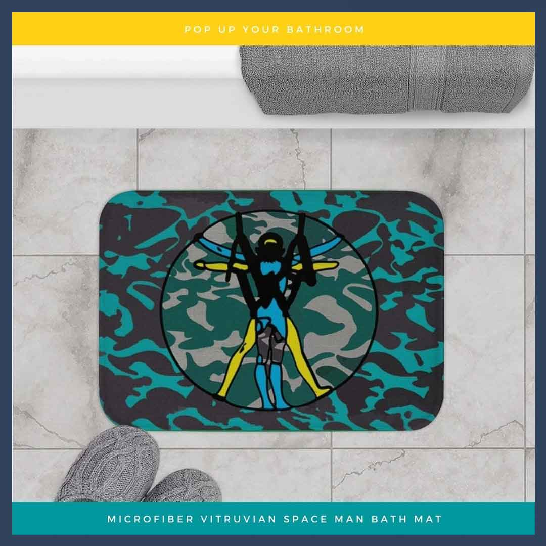 da-vinci vitrucvian space man turquoise blue yellow gray bath mat/