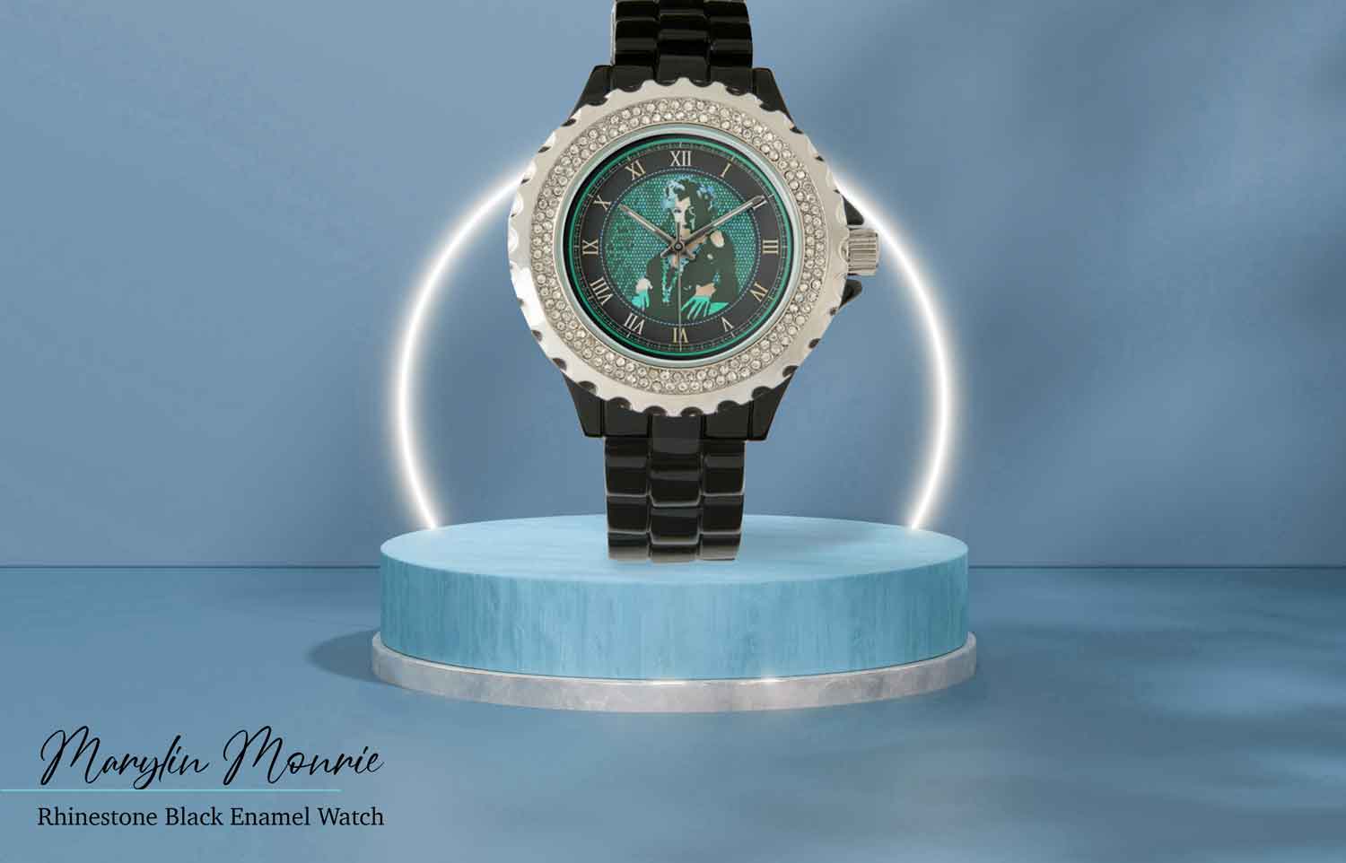 Marylin Monroe  Blue Green Women's Rhinestone Black Enamel Watch