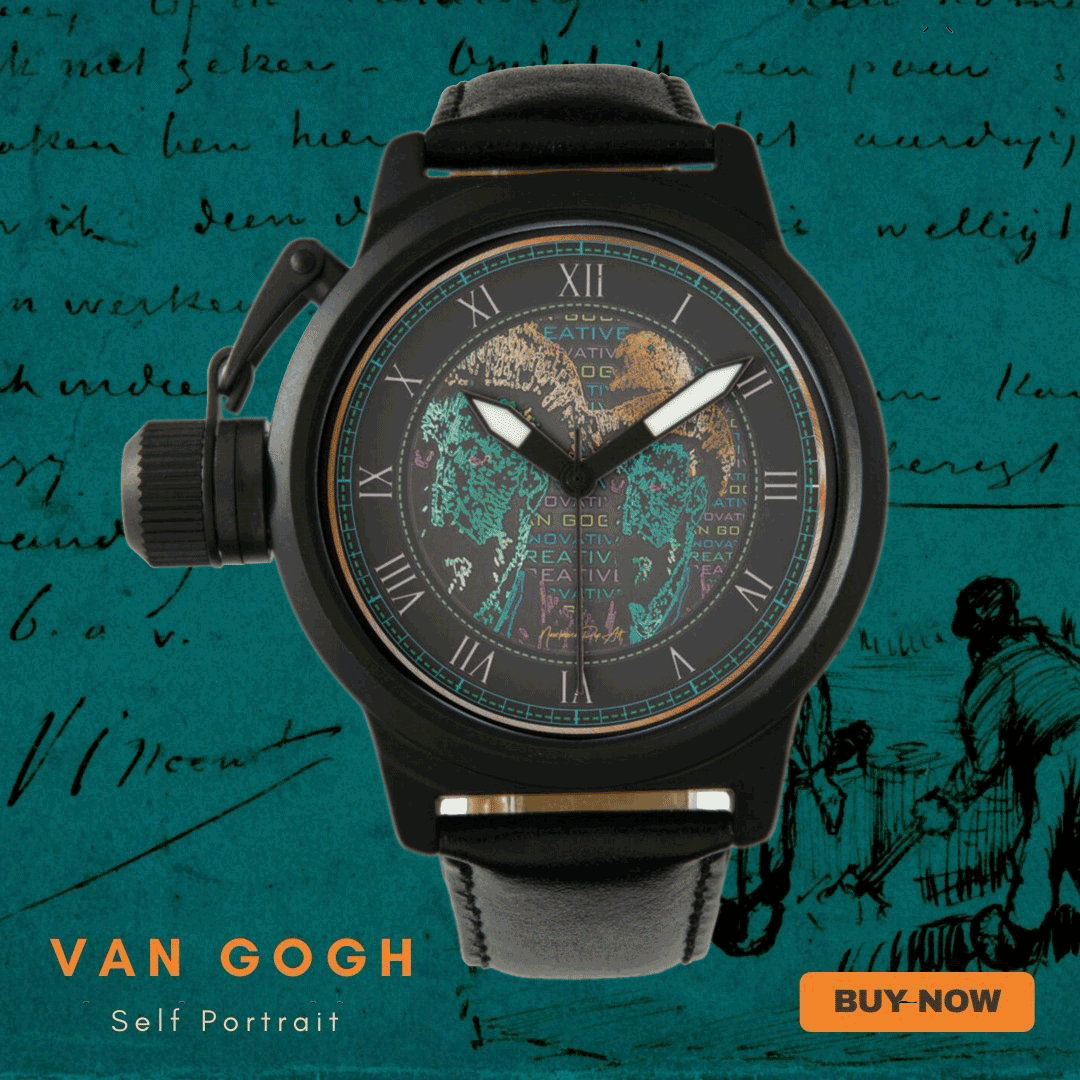 Da Vinci | Brown Vitruvian Man Men's Vintage Black Leather Strap Watch