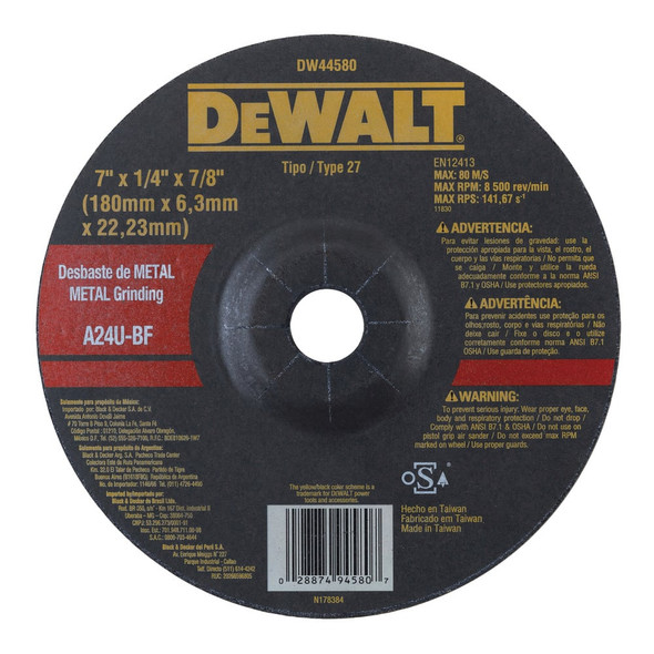 Disco de Desbaste 7" x 6.3mm x 7/8" para Metal Dewalt DW44580