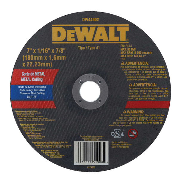 Disco de Corte 7" x 1.6mm x 7/8" para Metal y Acero Inoxidable Dewalt DW44602