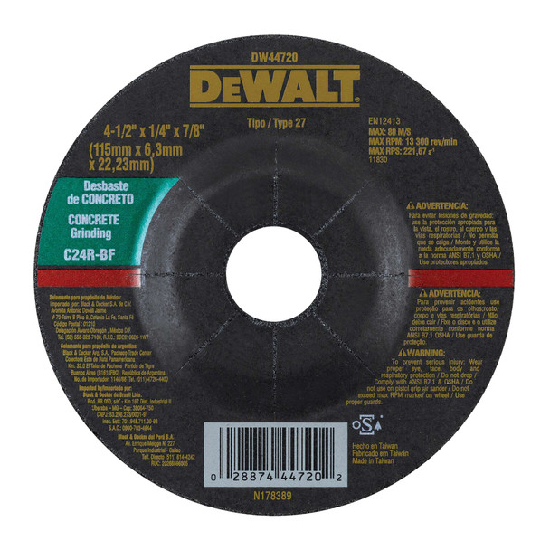 Disco de Desbaste 4 1/2" x 6.3mm x 7/8" para Concreto Dewalt DW44720