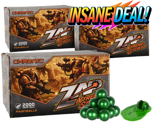 3 Cases of ZAP Chronic Paintballs (6,000 Rounds Total) - Green Fill ( .68 Caliber )
