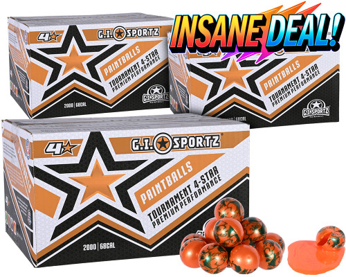 3 Cases of GI Sportz 4 Star Paintballs (6,000 Rounds Total) - Orange Fill ( .68 Caliber )