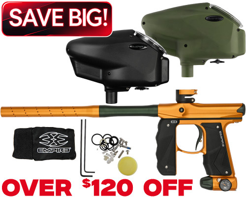 Empire Mini GS Paintball Gun w/ 2 Piece Barrel & Halo Too Loader - Dust Honey Gold/Dust Pine Green