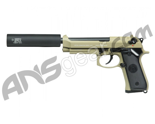 Socom Gear Full Metal SOF M9 Gas Blow Back Airsoft Pistol w/ Gemtech Trinity Barrel Extension - Tan