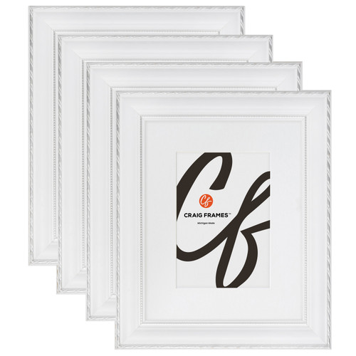 Victoria 1.375", Matted Ornate White and Silver Picture Frame - 4 Piece Set