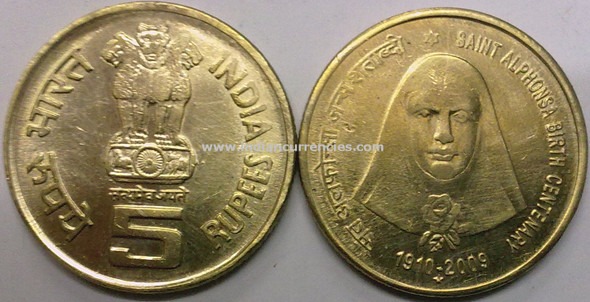 5 Rupees of 2009 - Saint Alphonsa Birth Centenary 1910-2009 - Hyderabad Mint