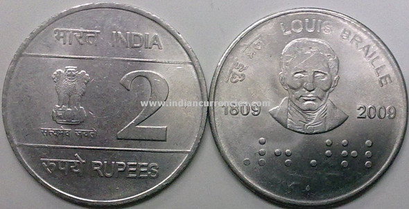 2 Rupees of 2009 - Louis Braille 1809-2009 - Mumbai Mint