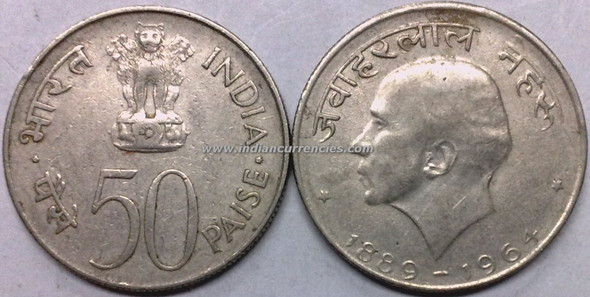 50 Paise of 1964 - Jawaharlal Nehru - Hindi - Kolkata Mint