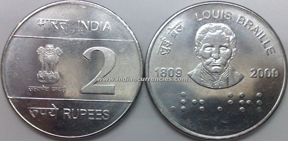 2 Rupees of 2009 - Louis Braille 1809-2009 - Kolkata Mint