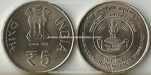 5 Rupees of 2011 - Indian Council of Medical Research 1911-2011 - Noida mint