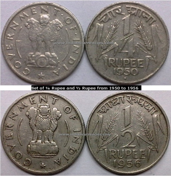 Regular Republic Coins Set of ¼ Rupee and ½ Rupee from 1950 to 1956