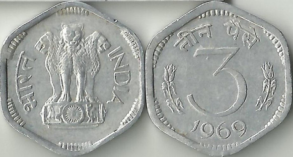 3 Paise of 1969 - Kolkata Mint - No Mint Mark