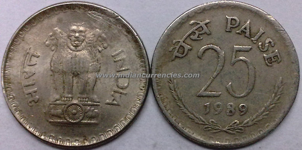 25 Paise of 1989 - Kolkata Mint - No Mint Mark - Copper-Nickel