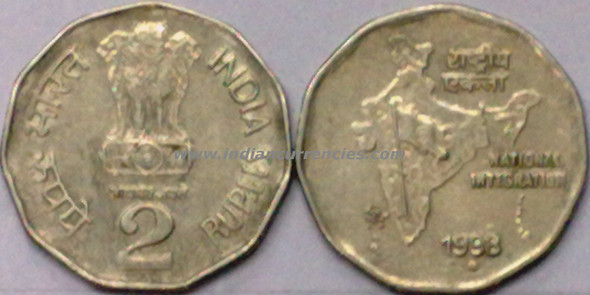 2 Rupees of 1998 - Noida Mint - Round Dot