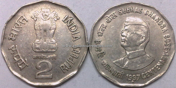 2 Rupees of 1997 - Subhas Chandra Bose Centenary - Hyderabad Mint