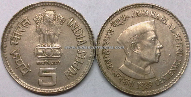 5 Rupees of 1989 - Jawaharlal Nehru Centenary - Hyderabad Mint